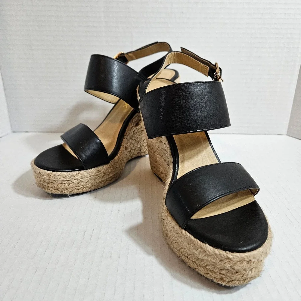 Allegra K Black Strappy Platform Jute Wedge Espadrille Sandals‎ Size 6.5